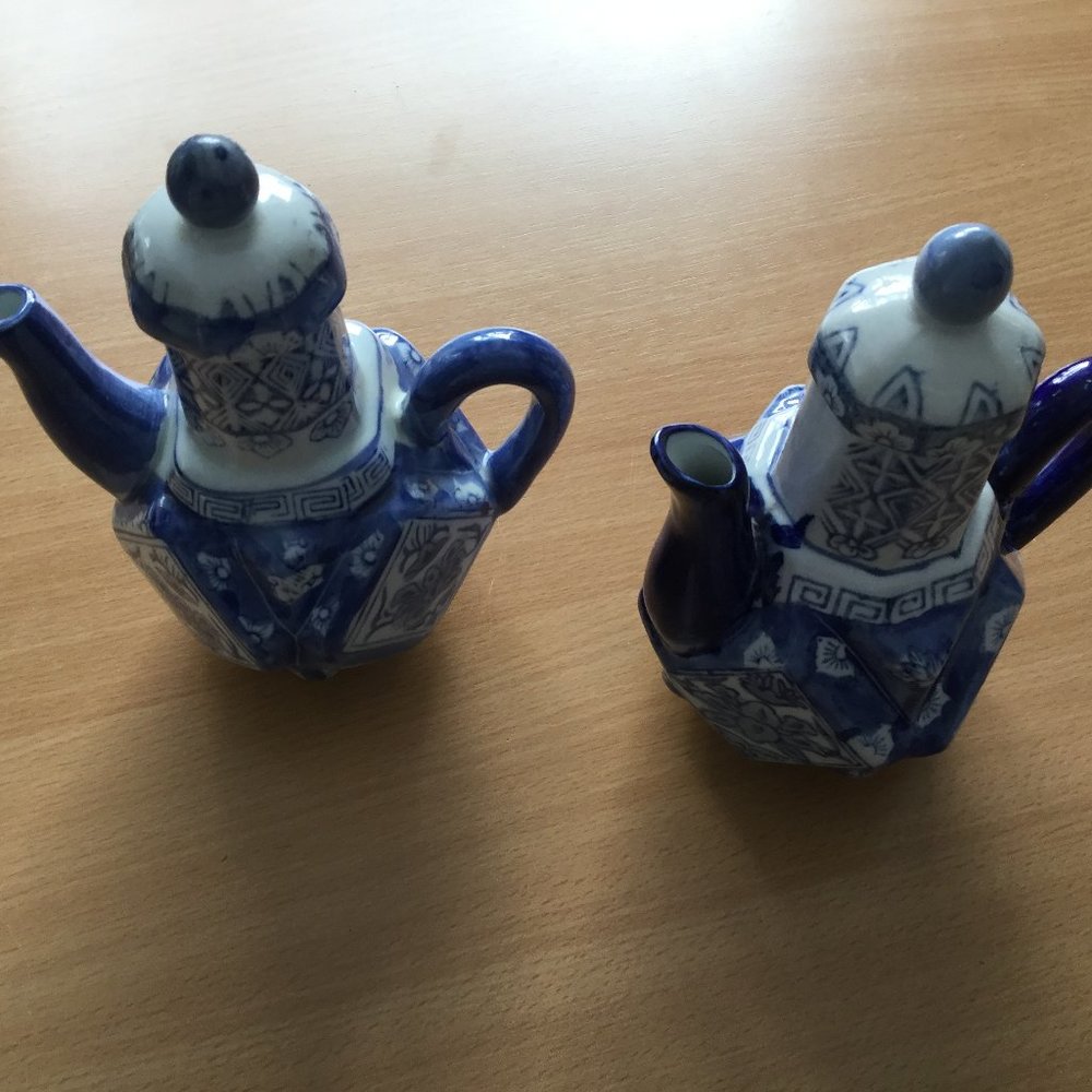 Two vintage blue and white Chinese porcelain teapots hand painted flowers